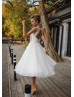 Ivory Lace Tulle Tea Length Keyhole Back Wedding Dress